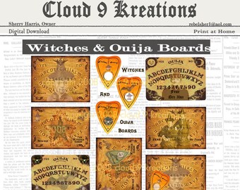 Brujas de Halloween y Ouija Boards, Pegatinas de Halloween, Hoja de Collage Digital, Descarga Digital, Brujas de Halloween, Pegatinas Imprimibles