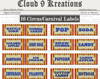 Carnival Food Labels, Circus Food Labels, Carnival Food Tags, Circus Food Tags, Digital Carnival Food Labels, Digital Circus food Labels