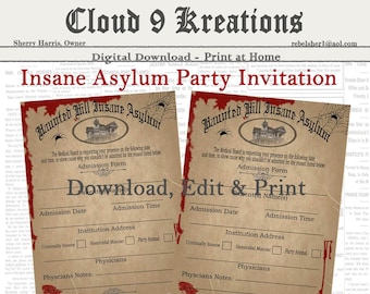 Halloween Lunatic Asylum, Editable, Insane Asylum Party Invitation, Asylum Party Invitation, Halloween Lunatic Asylum Party Invitation