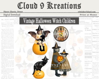 Halloween Vintage Witch Kids, Halloween Witch Kids, Witch Kids Clipart, Halloween Vintage Witch Clipart, Vintage Witch Clipart