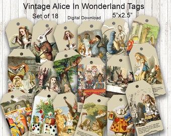 Alice in Wonderland Tags Junk Journal Ephemera Scrapbook  Embellishments Greeting Cards Digital Download Printable
