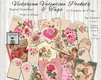 Victorian Valentine Junk Journal Pockets and Tags, Corner Pockets, Roses, Hearts, Cupids, Ephemera, Scrapbook, Collage Sheet, Cupids