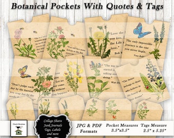 Botanical Junk Journal Pockets & Tags, Field Journals, Scrapbook Ephemera, Embellishments, Digital Download, Printable, Instant Download,