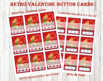 Retro Valentine Button Cards, Scrapbook Ephemera, Junk Journal Ephemera, Party Favors, Gift Tags, Sewing Button Card