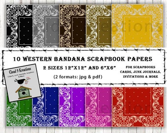 Bandana Papers 12x12 6x6 Scrapbook Junk Journal Cards Invitations jpg pdf Digital Western