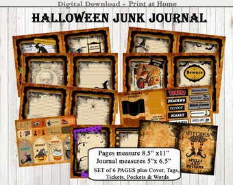 Halloween Witch Junk Journal Kit Instant Digital Download  Junk Journal Printable Words Tags Tickets Pockets Journal Pages Blank Pages