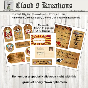 Evil Clowns Junk Journal Ephemera, Payasos de Halloween, Payasos, Diario basura, Etiquetas, Tarjeta de Bingo, Entrada Halloween Digital Descargar