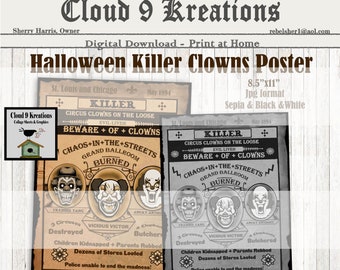 Halloween Killer Clowns Poster, Carnevil Poster, Halloween Party Poster, Evil Clowns, Poster, Haunted Circus, Clowns, Halloween