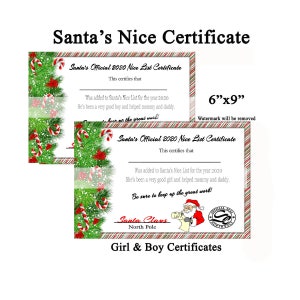 May include: Two printable Santa's Nice List certificates, one for a boy and one for a girl. Each certificate features a red and green candy cane border, a festive Christmas tree, and the text "Santa's Official 2020 Nice List Certificate".