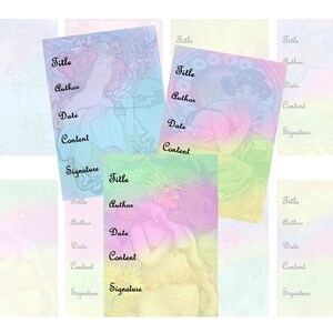 May include: Six printable journal pages with a pastel background and art nouveau style illustrations. Each page has a title, author, date, content, and signature line.