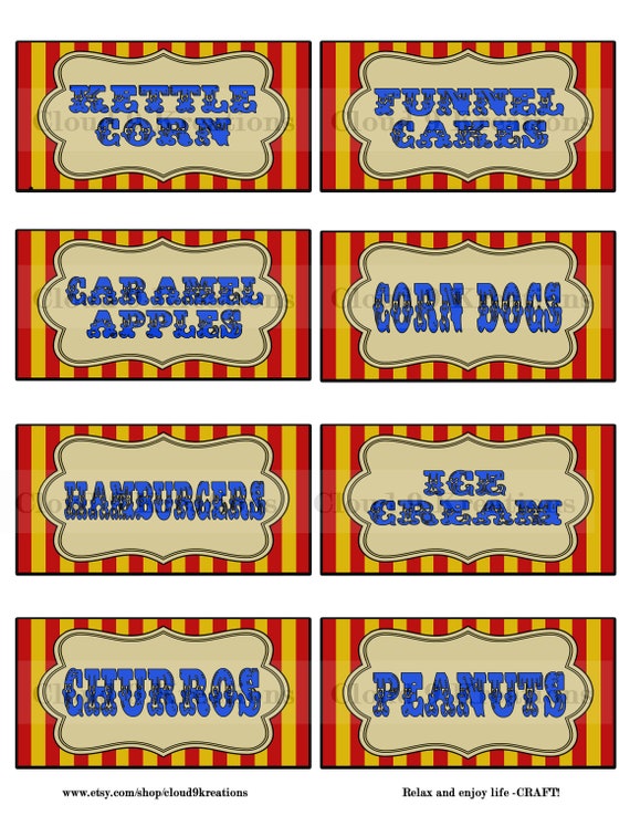 Carnival Food Labels, Circus Food Labels, Carnival Food Tags