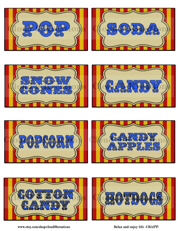 Carnival Food Labels, Circus Food Labels, Carnival Food Tags