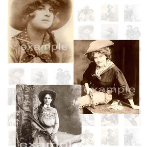 Puede incluir: Un collage de tres fotografías vintage en sepia de mujeres con sombreros de vaquero y ropa. Las mujeres sonríen y miran a la cámara. La primera mujer lleva un sombrero grande y una blusa de lunares. La segunda mujer lleva un sombrero y una blusa oscura con una bufanda. La tercera mujer lleva un sombrero y un vestido largo con una pistola en la mano.