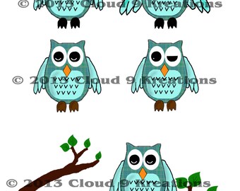 Aqua Owls Digital Collage Sheet Digital Download Printable Clipart
