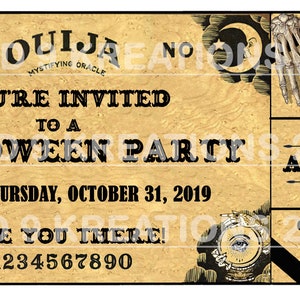 Puede incluir: Una invitaci&oacute;n a una fiesta de Halloween de estilo vintage con un dise&ntilde;o de tablero Ouija. La invitaci&oacute;n presenta una ilustraci&oacute;n en blanco y negro de una planchette de tablero Ouija, una luna creciente y una mano esquel&eacute;tica. El texto dice "Est&aacute;s invitado a una fiesta de Halloween 7PM Jueves, 31 de octubre de 2019 &iexcl;Nos vemos all&iacute;! 1234567890 RSVP a Madam Sadie 666-999-0000 Admisi&oacute;n de una persona 666 Fortune Teller Lane Cemetery Village Spooky, California."