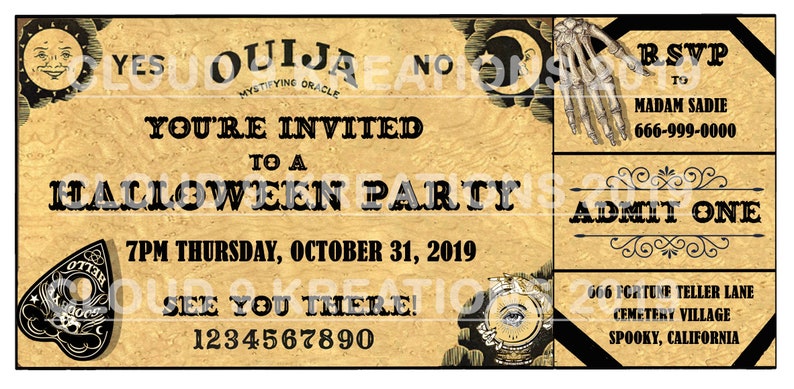 Puede incluir: Una invitaci&oacute;n a una fiesta de Halloween de estilo vintage con un dise&ntilde;o de tablero Ouija. La invitaci&oacute;n presenta una ilustraci&oacute;n en blanco y negro de una planchette de tablero Ouija, una luna creciente y una mano esquel&eacute;tica. El texto dice "Est&aacute;s invitado a una fiesta de Halloween 7PM Jueves, 31 de octubre de 2019 &iexcl;Nos vemos all&iacute;! 1234567890 RSVP a Madam Sadie 666-999-0000 Admisi&oacute;n de una persona 666 Fortune Teller Lane Cemetery Village Spooky, California."