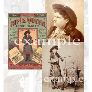 May include: A vintage poster advertising the Rifle Queen, Annie Oakley. The poster features a portrait of Annie Oakley in a black hat and a red and white striped shirt. The poster also includes a smaller image of Annie Oakley as a child, with the text "Little Sure-Shot." The poster is printed in red, white, and black.