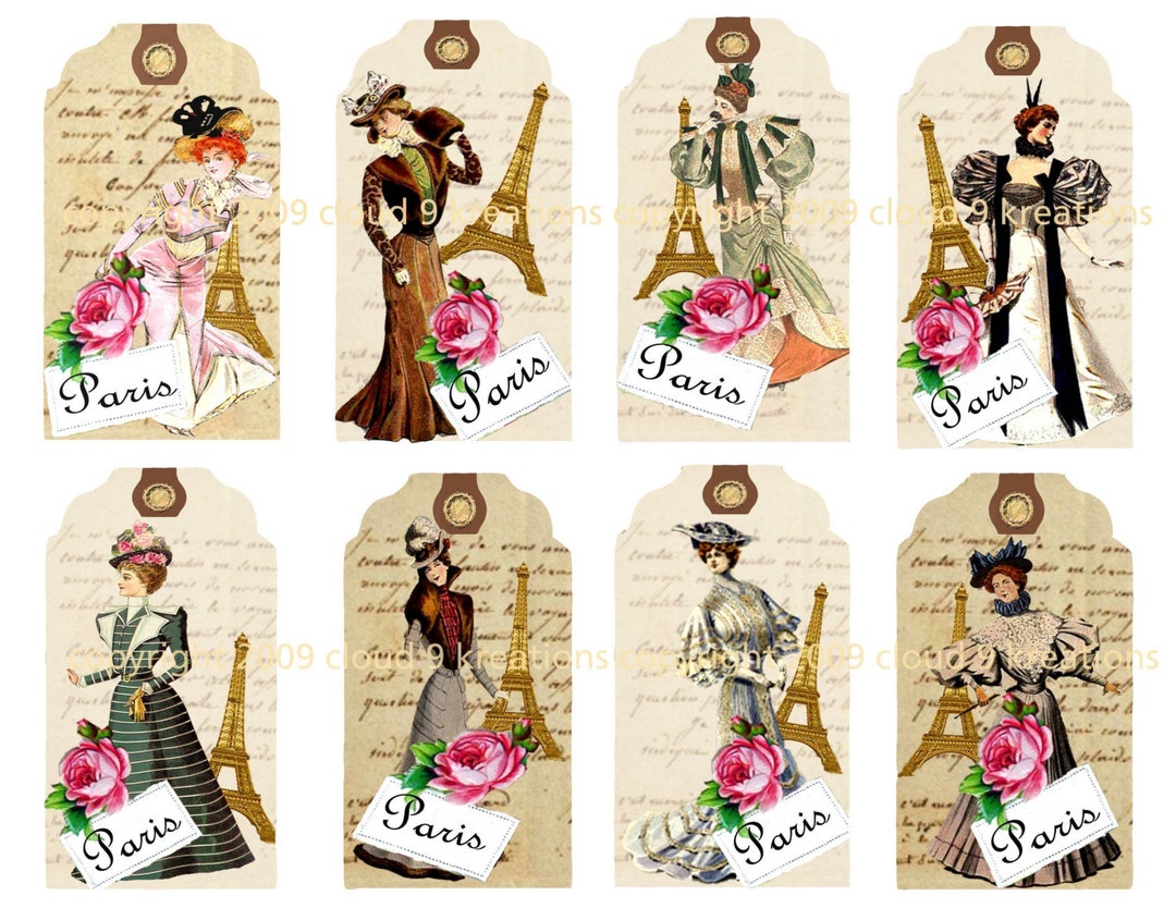 Vintage Paris Fashion Tags Digital Collage Sheet Junk Journal Ephemera ...