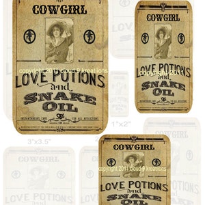 Cowgirl Love Potion en slang olie etiketten... Veranderde kunst... Digitale Collage blad meerdere maten digitale Download afdrukbare apotheker etiketten