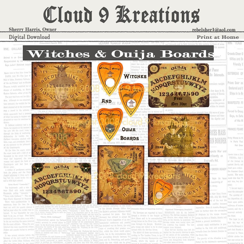 Halloween Witches and Ouija Boards, Halloween Stickers, Digital Collage Sheet, Digital Download, Halloween Witches, Printable Stickers image 1