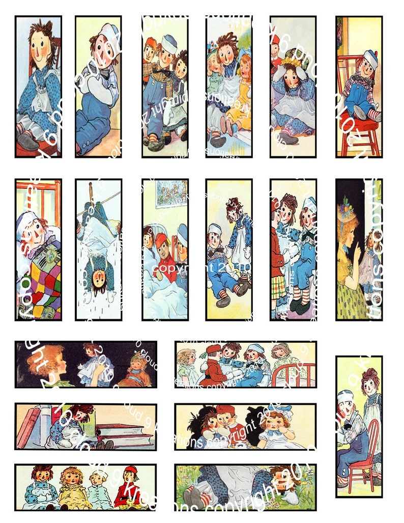 Johnny Gruelle Raggedy Ann & Andy 1X3 Inch Digital Collage Sheet Microscope Slides...Dominos...Scrapbooks..Cards...Tags image 2