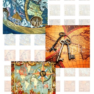 Op de afbeelding: Drie vintage kaarten met een kompas, sleutels en een kompasroos. De kaarten zijn in tinten blauw, bruin en groen. De kompasroos is omgeven door een kleurrijke rand met mensen en dieren.