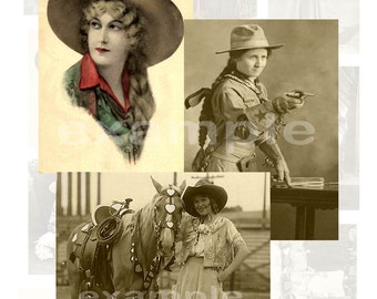 May include: A vintage collage of photos featuring women in cowboy hats and attire. The photos show women riding horses, posing with guns, and standing in front of a backdrop of a western town. The text "PRAIRIE ROSE" is visible in one of the photos.