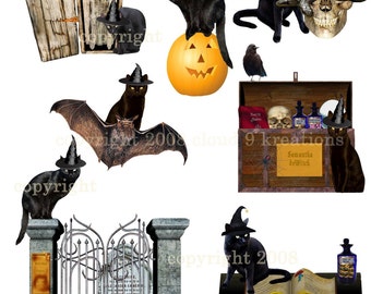 Halloween Cat Witches Digital Collage Sheet Clipart Printable Download