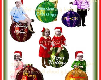 May include: A set of six Christmas baubles featuring children wearing Santa hats and holding baubles with festive messages. The baubles are decorated with glitter and have a vintage feel.