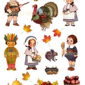 May include: A collection of Thanksgiving-themed clipart featuring a turkey, a squirrel, pumpkins, apples, acorns, and leaves. There are also several children dressed in pilgrim and Native American costumes.