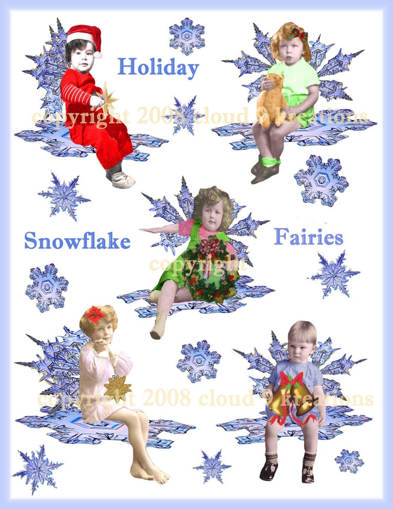 Holiday Snowflake Fairies Altered Art....Digital Collage Sheet image 1