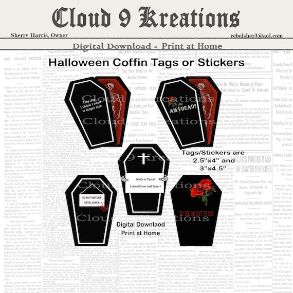 Halloween Coffin Tags, Halloween Tags, Halloween Gift Tags, Halloween Decals, Halloween Stickers, Digital Tags, Digital Stickers,