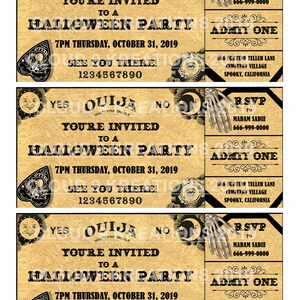 Puede incluir: Tres invitaciones a una fiesta de Halloween de estilo vintage con un tema espeluznante. Cada invitaci&oacute;n presenta una tabla Ouija, una luna creciente y una mano esquel&eacute;tica. El texto en las invitaciones dice "Ouija", "Est&aacute;s invitado a una fiesta de Halloween", "7PM Jueves, 31 de octubre de 2019", "&iexcl;Nos vemos all&iacute;!" y "1234567890".