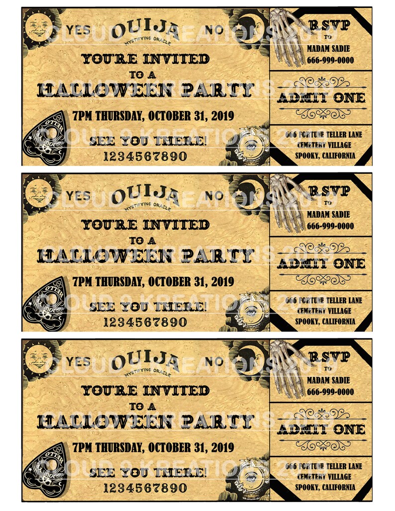 Puede incluir: Tres invitaciones a una fiesta de Halloween de estilo vintage con un tema espeluznante. Cada invitaci&oacute;n presenta una tabla Ouija, una luna creciente y una mano esquel&eacute;tica. El texto en las invitaciones dice "Ouija", "Est&aacute;s invitado a una fiesta de Halloween", "7PM Jueves, 31 de octubre de 2019", "&iexcl;Nos vemos all&iacute;!" y "1234567890".