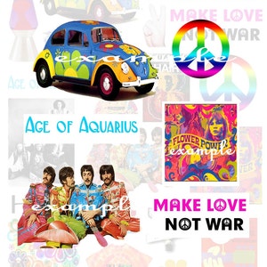 Década de 1960...Beatles...Paz...Era de Aquário...Hippies...Folha de colagem digital - álbum de recortes, cartão, ATC, ACEO, enfeite, etiqueta