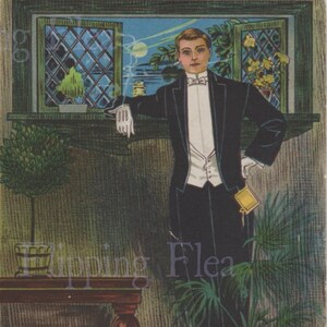 Può includere: Illustrazione vintage di un uomo in abito formale, appoggiato a una finestra. Indossa un abito nero, una camicia bianca e un papillon. Un tavolino, una rosa e un vaso verde con una pianta sono in primo piano. Il testo "Flipping Flea" è visibile.