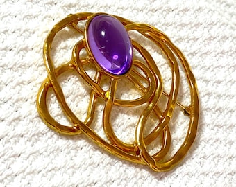 Avant Garde Modernist Gold Brooch Purple Glass Stone
