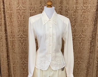 Long Sleeve Blouse 80s Deadstock Christine Gerard Cream Floral Embroidered, Eyelet Lace, Pearl Button  NWT