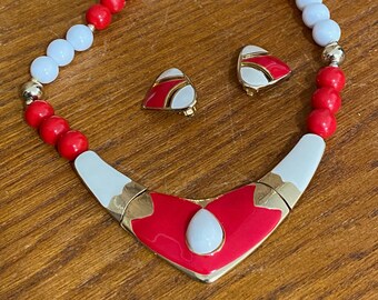 Vintage 80s Art Deco Gold with Red and White Enamel Statement Necklace and Earring Set