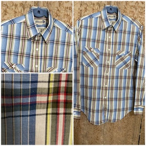 Western Shirt Sears and Roebucks Long Sleeve Vintage 80s Blue White Yellow Plaid Large
