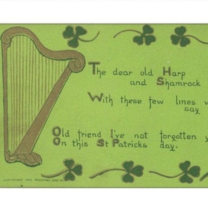 Télécharger numérique de la carte postale antique, St. Patrick's Day, The cher old harp et Shamrock, Irish Blessing
