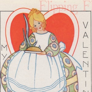 Téléchargement numérique de antique Valentine carte postale victorienne femme tenant le pain cuit au four, en robe sur crinoline cage, devant le coeur