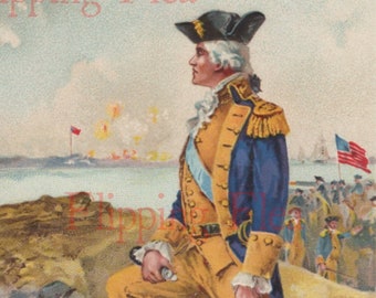 Digital Download of Antique Washington&#39;s Birthday Postcard George Washington at Yorktown signed R. Veentlier