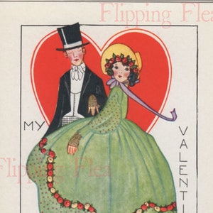 Téléchargement numérique de antique Victorian carte postale victorienne couple, homme avec chapeau haut de forme et femme en robe sur crinoline cage, coeur