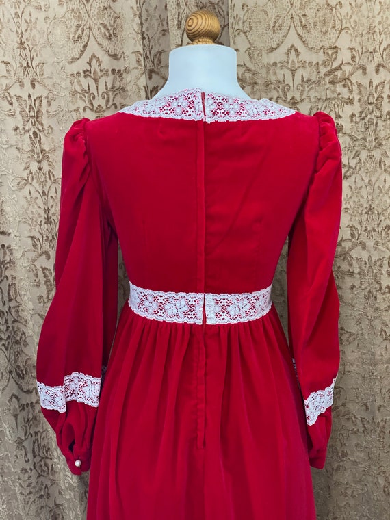 Vintage Red Velvet Dress Victorian Prairie White … - image 4