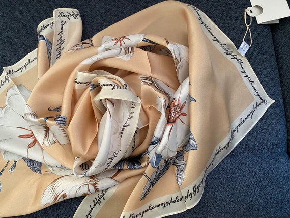 Large Silk Scarf Asian Floral and Script Design B… - image 6