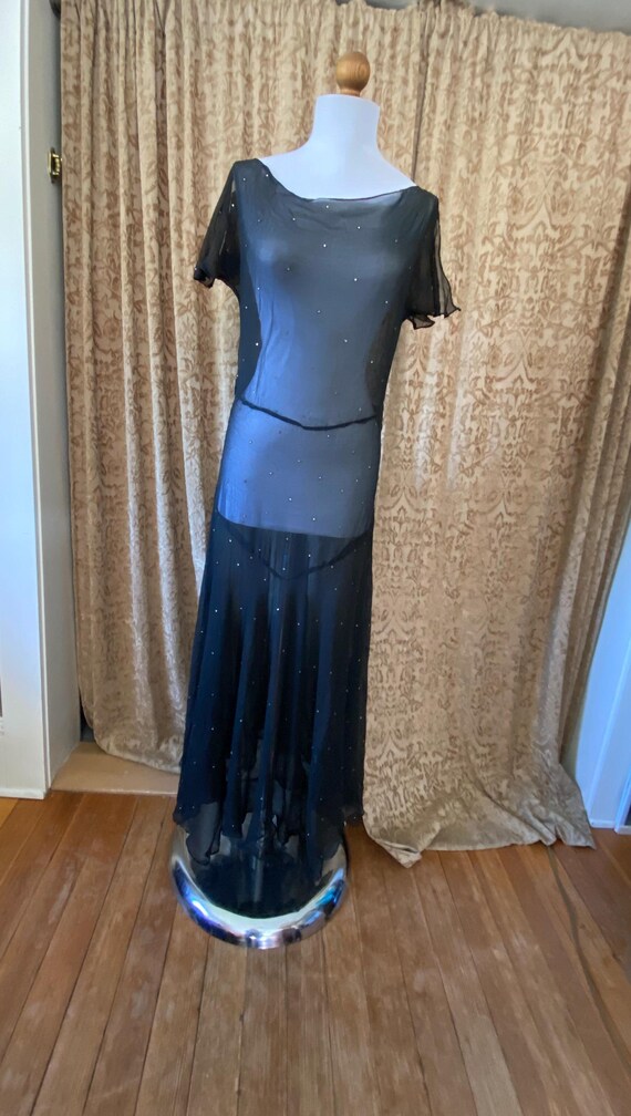 1920s to 1930s Black Silk Chiffon Gown Dress with twi… - Gem