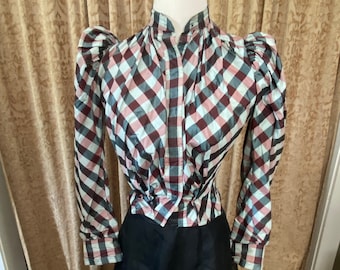 Victorian bodice, circa late 1890s. Checkered Boned interior. Attached Long Mutton Sleeves, Red, Mint Green, Dark Gray Green