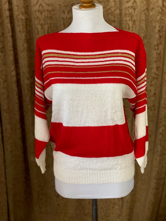 Vintage Pullover Sweater Boatneck Red White Gold S