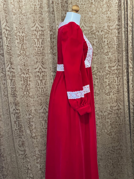 Vintage Red Velvet Dress Victorian Prairie White … - image 2